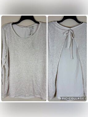 Lauren Conrad Cream Knit Top w/Sheer Chiffon Overlap Tie Back 3/4 Sleeve Blouse